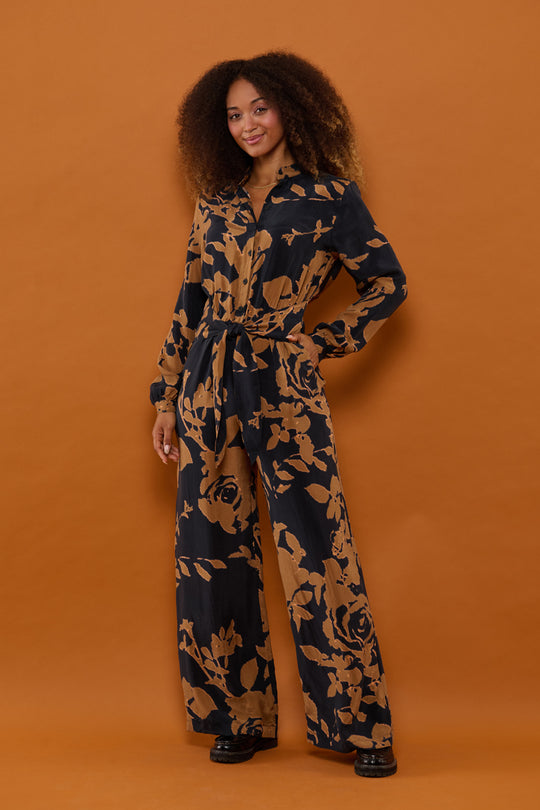 Froks Carla Sleeve Buksedragt / Golden brown flower silhouettes