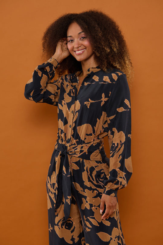 Froks Carla Sleeve Buksedragt / Golden brown flower silhouettes