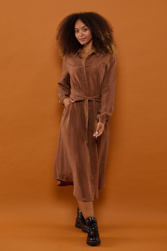 Froks Carla Sleeve Kjole / Earth brown & Gold lines